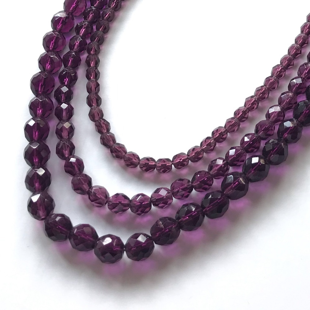 Necklace triple strand purple stone beads faceted